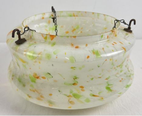 A vintage Art Deco circular flycatcher lampshade in mottled green, orange and white shades. Complete with hanging chains. App