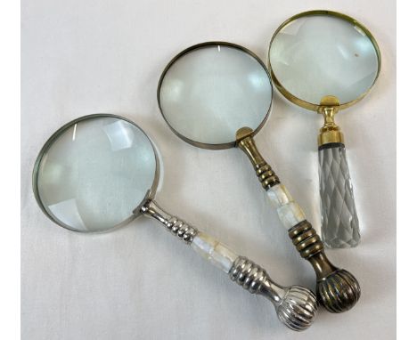 3 large magnifying glasses to include faceted glass and handles set with pearl panels. Glass diameters approx. 10cm. 