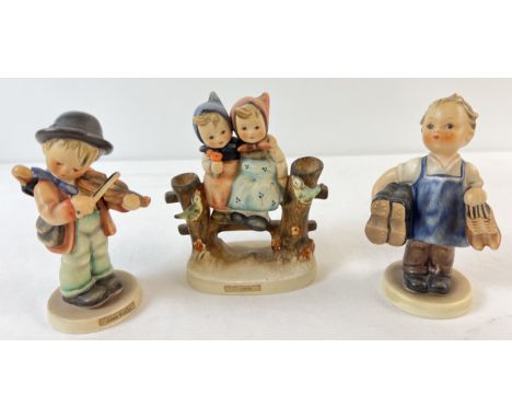 3 vintage Goebel ceramic Hummel figurines, 1960 -72. Coquettes double spill vase figurine, Little Fiddler and Boots.  All wit