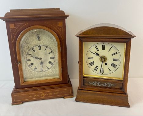 2 vintage wooden cased mantle clocks, for spares or repair, larger one converted to battery operated (approx. 35cm tall). 