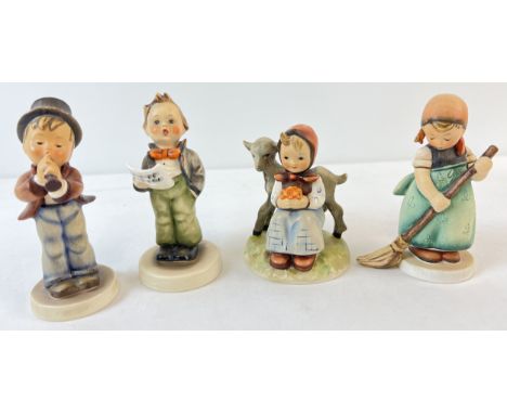 4 vintage Goebel ceramic Hummel figurines, 1960 - 72. Good Friends, Serenade, Soloist and Little Sweeper. All with blue back 