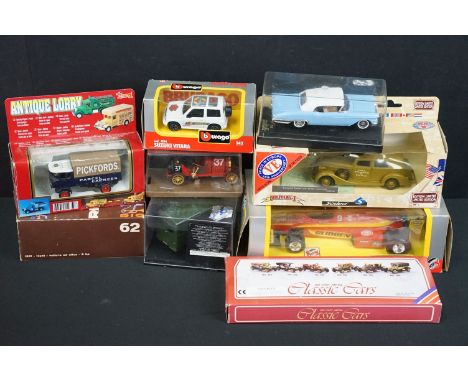 Nine boxed diecast models to include Burago 1/24 Formula USA 6110, Rio 62, ltd edn Solido Military I Packard Sedan with ENSA 