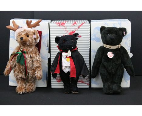 Steiff - Three boxed Steiff teddy bears to include ltd edn dark green 32cm, 355462 Dracula mohair and Reindeer, all ex