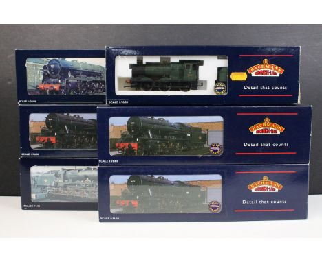 Six boxed Bachmann OO gauge locomotives to include 31-203 Rebuilt Patriot 45528 REME BR green emblem, 2 x 32-255A WD Austerit