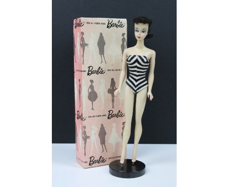 Barbie - Original No. 1 #850 Mattel Barbie Fashion Doll with brunette saran ponytail hair with tight curly bangs, in black an