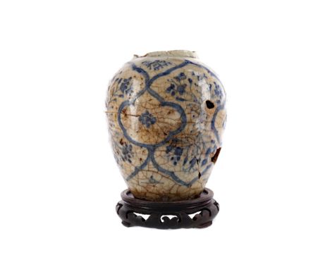 EASTERN CERAMIC DOUBLE GOURD VASE, 13.5cm high, along with an African carved wood vase, a Chinese blue and white stoneware va