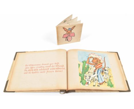 (1) E. Angermayr. Gezeichtnet. Ca 1930. 14 p. of text, each text leaf accompanied by a handcol. and hand drawn ill. Hcl. stri
