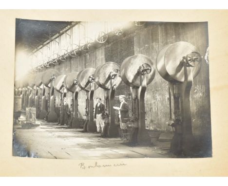 Album of 31 gelatine silver photos, some w. manuscript captions, 1920/30s. Incl. photos of the Toretskii factory, people work