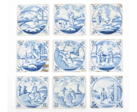 18th cent. 13 x 13 cm. Ceramic with blue and white tin glaze. Depictions of a.o. Moses being drawn from the water, Jesus help
