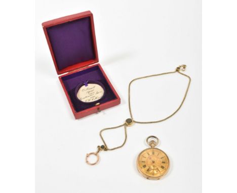 A 14 karat gold pocket watch, incl. 14 karat gold watch chain. Approx. 18.4 grams, serial no. 24672 and "J.P." stamped inside