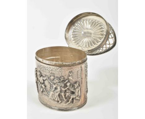 2nd grade Dutch silver tea caddy. Oval model w. Dutch landscape dec. openworked fence along the top of the lid. Year letter 1