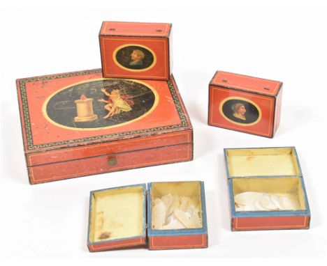 Counters in the shape of fish and ovals and circles w. pagoda decoration. All in a painted wooden box, 15.5 x 20 x 5 cm, w. 4
