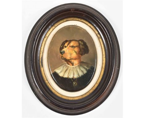 Oil on porcelain, 10 x 7.5 cm (oval), in a partly gilt frame. Most likely 20th cent. (?) A curious portrait in the style of D