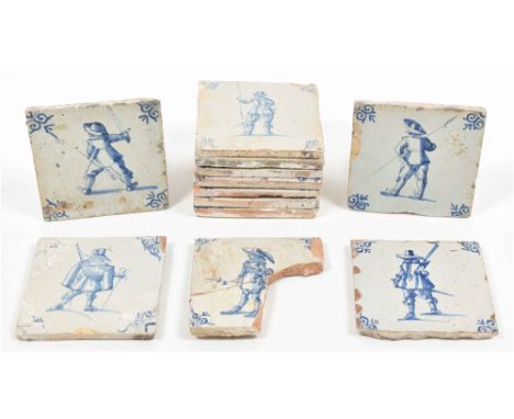 17th cent. All approx. 13 x 13 cm. Ceramic, blue and white tin glaze. All w. a single central figure of an armed soldier (arm