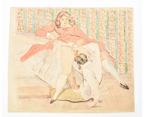 19th century handcoloured erotic drawing. 19 x 22 cm. On paper. Signed "H.M." Manuscript "110" on verso.