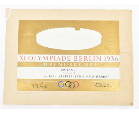 Won by Holland in the 4 x 100 m relay race (women). Gold embossed, 38 x 50 cm. Des. by Professor Ernst Boehm, Berlin, printed