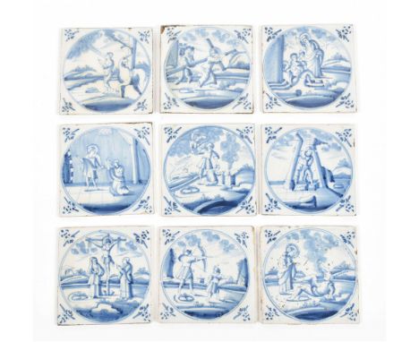 18th cent. 13 x 13 cm. Ceramic with blue and white tin glaze. Depictions of a.o. Jesus appearing after his resurrection, Elis