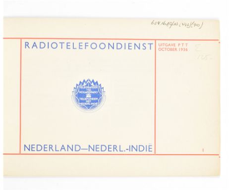 32 p. Oblong, stapled. Design P. de Koo. With: (2) Via Holland Radio. Inviation to send Telegrams in orig. envelope. Ca. 1930