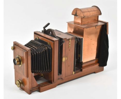 J. Lancaster and Son (Birmingham, England) late 19th cent. magic lantern w. mahogany body, black leather bellows, brass lens,