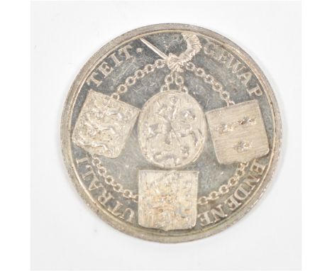 Silver, 31 mm, 1780, by A. van Baerll. Armored hand holding a chain linking the arms of Russia, Denmark, Holland, and Sweden.