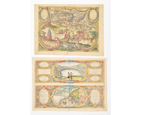 Handcol. etched double-p. plate, 32.5 x 47 cm, incorporating 2 central oval views flanked by extensive, beautifully engr. leg