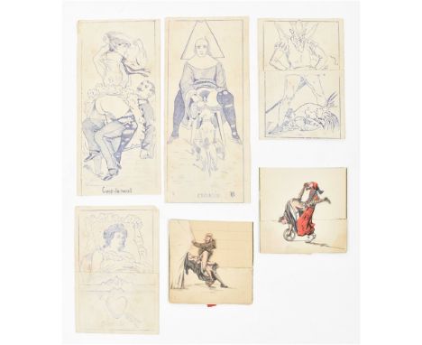 Ca. 1930. 4 folded cards with seemingly chaste illustrations that reveal an overtly erotic scene once unfolded. A sleeping be