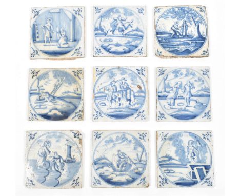 18th cent. 13 x 13 cm. Ceramic with blue and white tin glaze. Depictions of a.o. Jesus helping Peter out of the water, Daniel