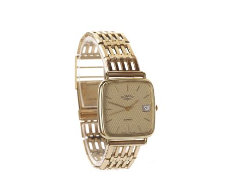GENTLEMAN'S ROTARY NINE CARAT GOLD QUARTZ WRIST WATCHthe rounded square dial with applied gold coloured baton hour markers, d