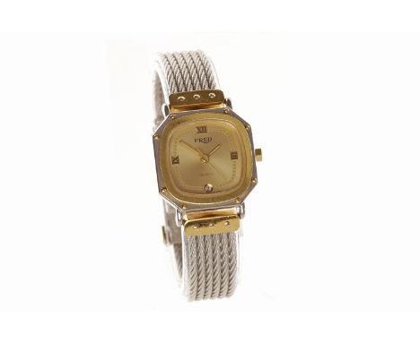 LADY'S FRED STAINLESS STEEL BI COLOUR QUARTZ WRIST WATCHthe rounded square buff dial with applied gold coloured 12, 3 and 9, 