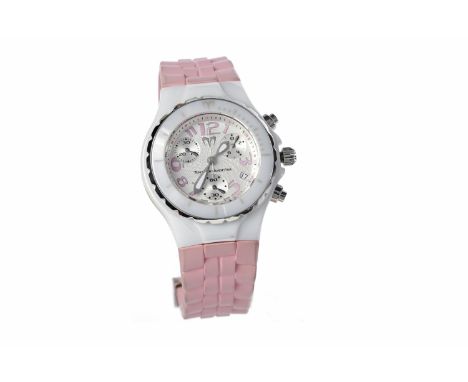 LADY'S TECHNOMARINE WHITE CERAMIC QUARTZ WRIST WATCHthe round machined white dial with applied pink Arabic numerals, sunken s