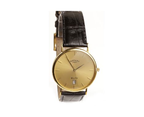 GENTLEMAN'S ROTARY ELITE EIGHTEEN CARAT GOLD QUARTZ WRIST WATCHthe round gold coloured dial with applied gold baton hour mark