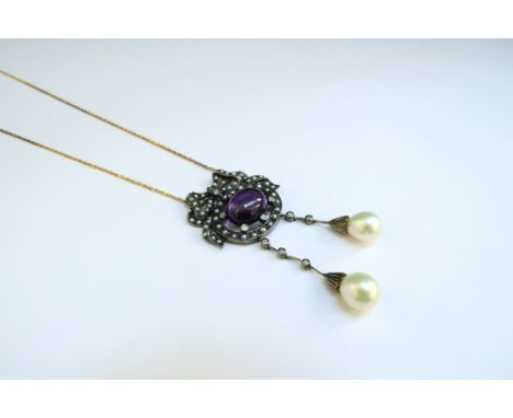 A Victorian seed pearl, diamond and cabochon amethyst set pendant with pearl drops on diamond set bars, unmarked hung on late