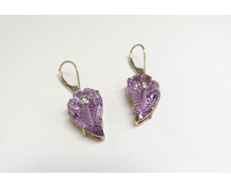 A pair of flame cut Zambian amethyst and diamond earrings, stamped 9k, with certificate 