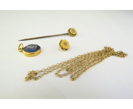 A 9ct gold chain, 50cm long, 2g, Wedgwood style pendant stamped 9ct, a diamond set stick pin and a diamond set head of a stic