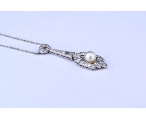 An Art Deco diamond pendant necklace, the drop set with a single pearl, unmarked white metal, 42cm long, 5.8g 