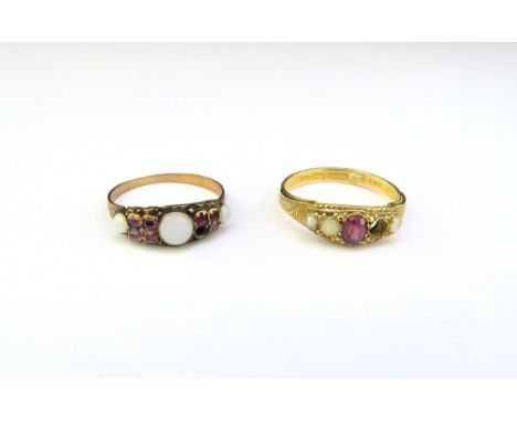 A 15ct gold ruby and pearl ring, one pearl missing. Size Q, 2.1g and a ruby and opal ring, unmarked stone missing. Size Q, 1.