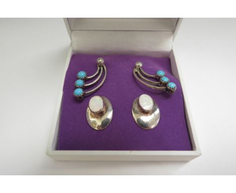 Two pairs of earrings for pierced ears, turquoise and opal, stamped silver, 925 