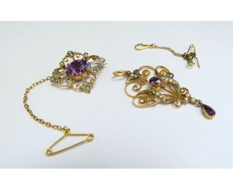 An Edwardian style amethyst and seed pearl brooch and pendant, a/f, stamped 9ct, 6.2g 