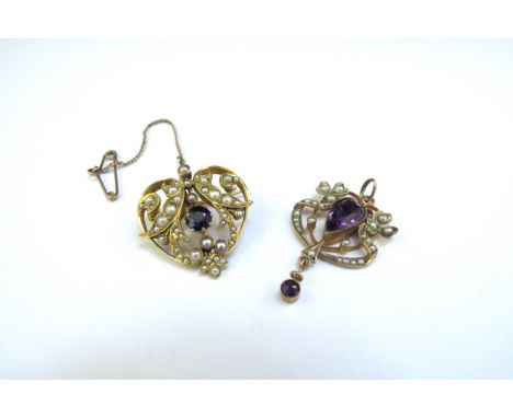 A sapphire and seed pearl brooch/pendant of heart form and an amethyst and seed pearl pendant with amethyst droplet, both unm