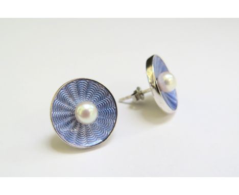 A pair of lilac guilloche and pearl earrings, stamped 925 