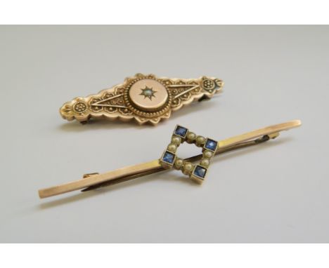 Two 9ct gold bar brooches including Victorian pearl set example, 4.8g 