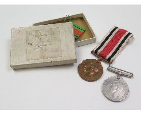 Special Constabulary Medal GVI (William R. Price) and Defence Medal, in named box of issue for Staffordshire (2)
