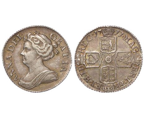 Sixpence 1711 large lis, toned VF, light scratch.