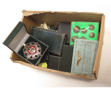 Shoebox of various medals, badges, buttons, a painted Death Plaque to Owen Edwards, etc etc (qty)