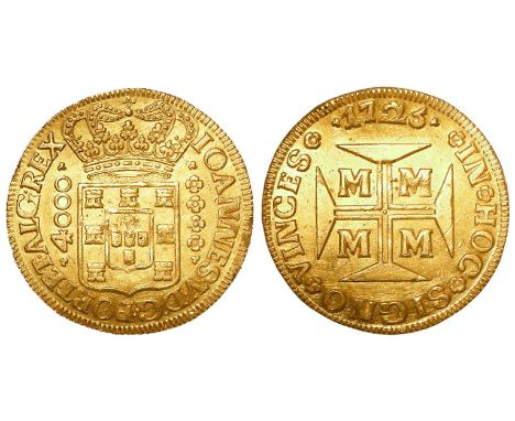 Brazil 4000 Reis 1725M , Extremely rare type from the Dobrao series of the Minas Gerais mint. EF but ex detector find so ther