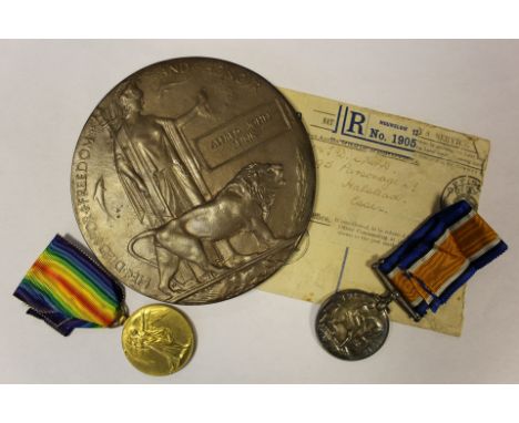 WW1 memorial plaque BWM & Victory medals to 32765 Pte Alfred John Spink Royal Fusiliers K in A 7-8-1917 commemorated Ypres Me