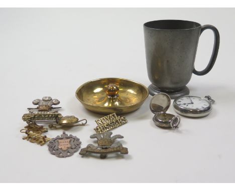 10th Hussars range including Cap Badges, shoulder titles, sweetheart badge, ask tray and a Pewter Mug with 10th Hussars crest