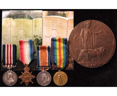 Military Medal, 1915 Star Trio and Death Plaque to 19180 Pte Alfred George Hall Bedford Regt. (MM named 19180 Sjt A G Hall 2/