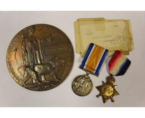 WW1 casualty 1915 Star war medal and memorial plaque to 14633 Sgt Thomas Wright Kings Own Royal Lancashire Reg K in A 5-1-191