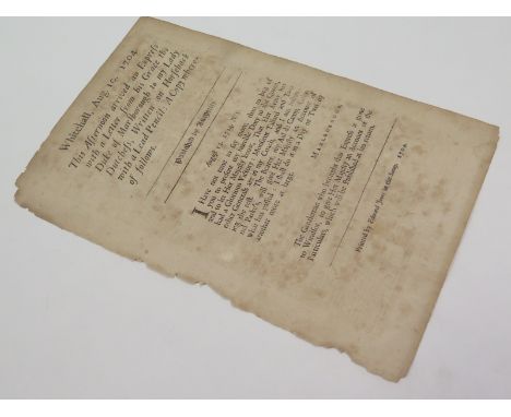 Ephemera - an original Whitehall Public Notice August 10, 1704 relaying a message from His Grace the Duke of Marlborough anno